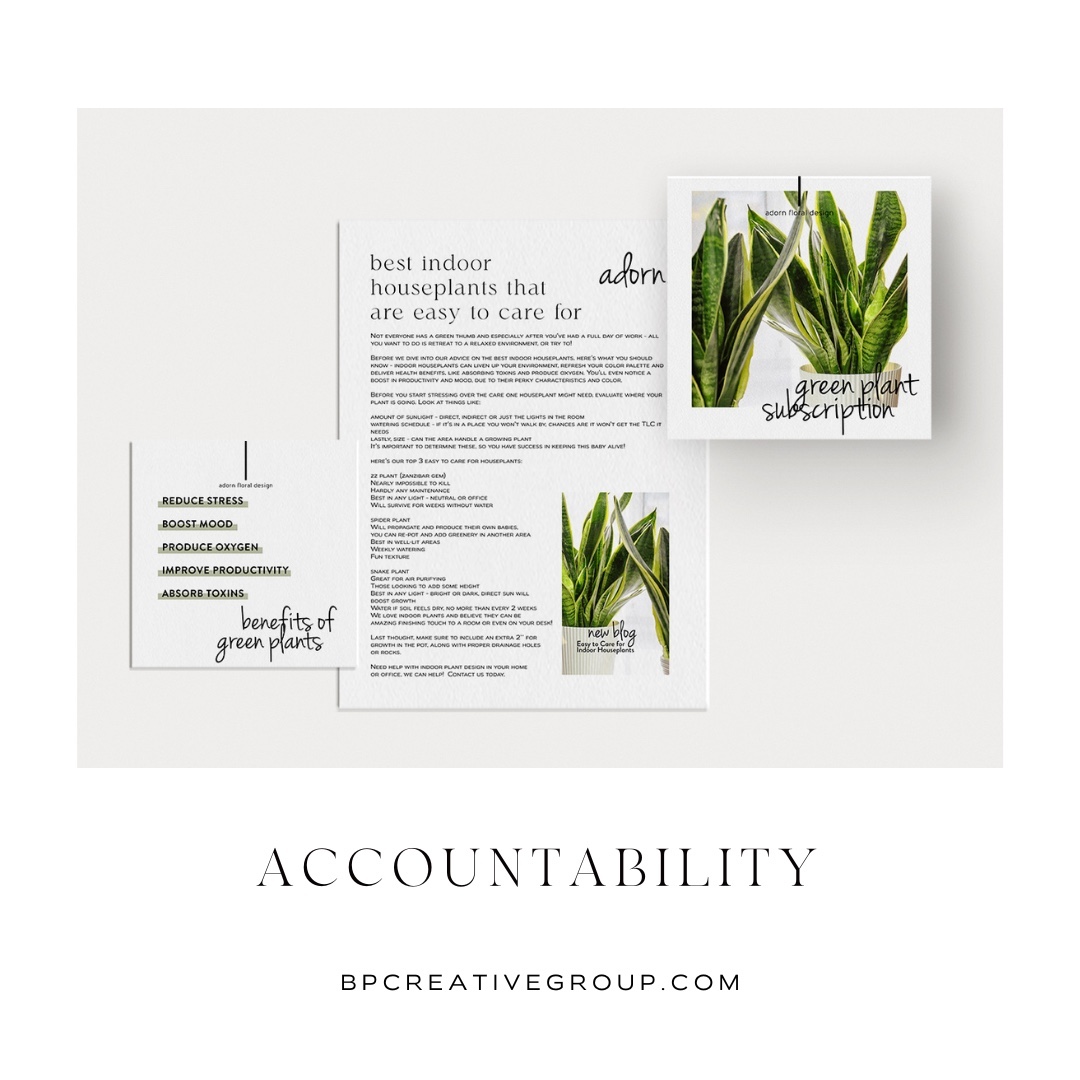 The type of tight ship we're running over here: Accountability!

One of the biggest topics we chat about at a first-time meeting is, 'how does this all work if I don't have enough time now!'

A very true statement, but the truth is we don't have enough time because we're constantly thinking or shifting quickly.

The level of marketing accountability all starts with strategy and believe it or not, through discipline, planning and evaluation, you'll be able to link the right tools and messaging.

Some things to think about:
• Creating Specific and Attainable Goals
• Creative and Strategic Content
• Choice of Marketing Avenues
• Watching the Metrics that Matter Most

This work can get intense and sometimes emotional, but saving time and energy by not thinking so much will allow you market with ease!

This is why we're so passionate because marketing strategies become even more effective when we're all held accountable. 

xo, M-C

Did this resonate with you? We'd love to hear!

Featuring a blog post and social graphics for  @adornfloraldesign 

#marketingstrategy #accountability #marketingconsultant #marketingstrategist #marketingkansascity #marketingkc #marketingdesign #marketingfirm #marketingagency #brandstrategist #branding #rebrandkc #kansascity #goalsetting #marketingchannels #brandingstrategist