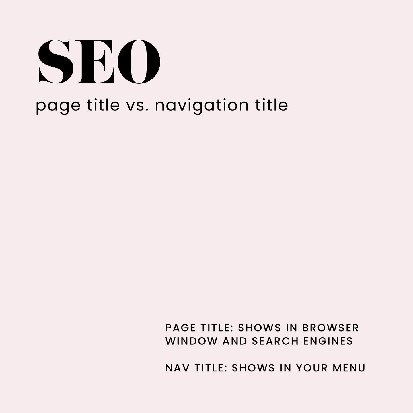 Quick SEO Tip worth saving:

Did you know there are two different kinds of titles on your website? These titles take your audience to where they want to go, BUT only if they're clear!

Page Title: Shows in the browser window, on tabs and on search engines, like Google.

Navigation Title: Shows in your Menu or in the main navigation

⭐Best Rule of Thumb:
Navigation Titles are typically one word. Example: Services

Page Titles are more explanatory, with searchable terms and keywords. Example: Wedding Floral Services in Kansas City, Missouri

By listing the location or more in-depth specifics in your page titles, Google will be able to filter and provide a better user-experience!!

🖤Save this later and follow us more for tips like this!

#websitetips #websitetip #seotip #seo #seotips #websitedesigner #websitedesign #websitedesignerkc #kcwebsitedesigner #kansascitycreative #creativeagency #digitalagencykc #websitestrategy #websiteseo #websiteseotips #digitaldesignkc